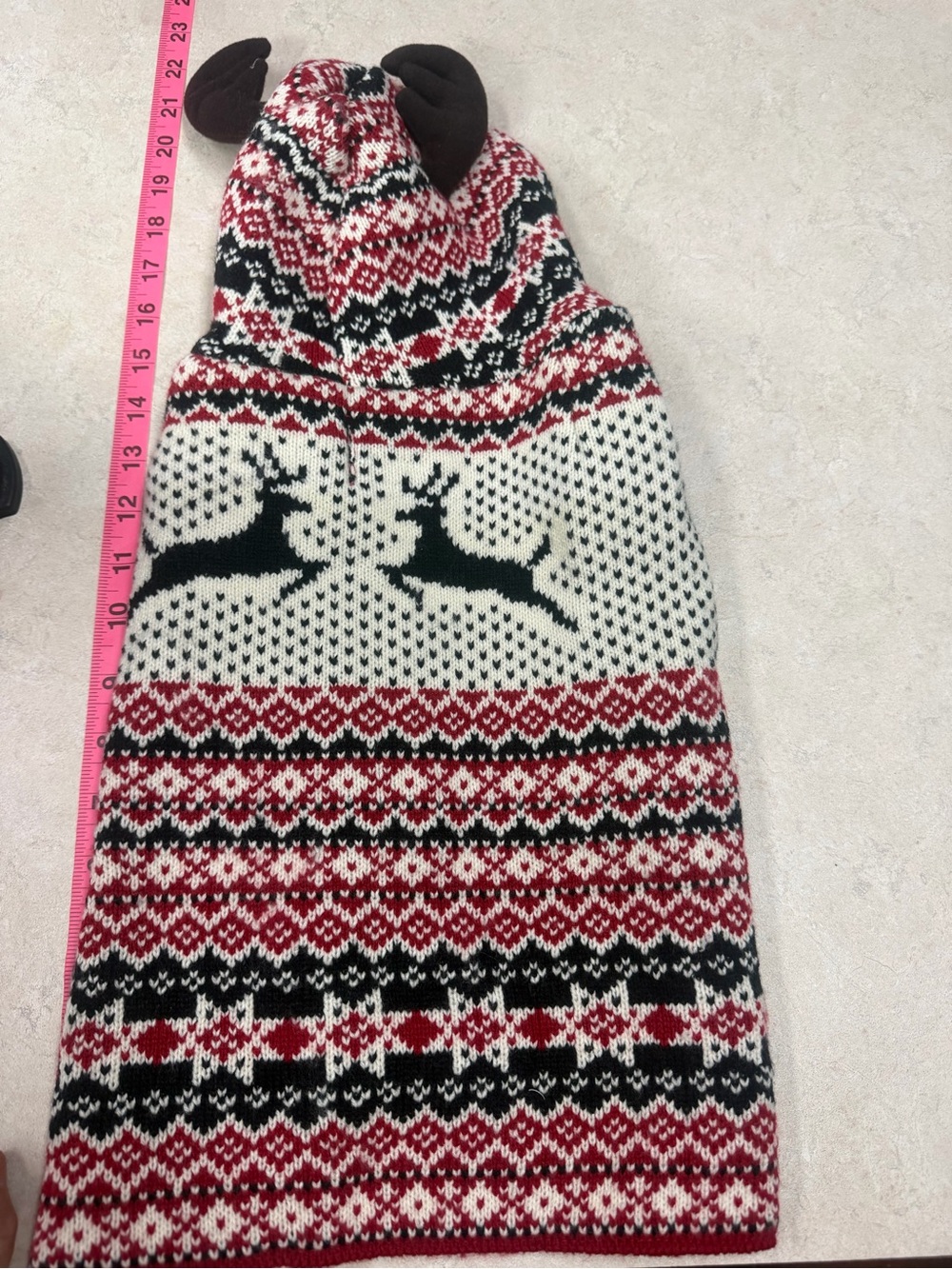 Red, White & Black Knit Pet Hat with Brown Antler Ears. Medium dog sweater